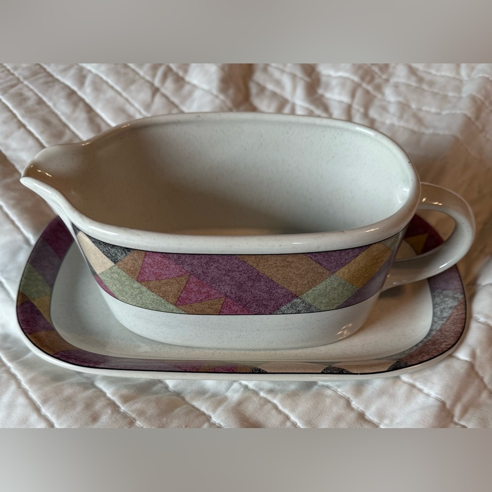 Vtg 2pc Studio Nova Desert Palm Gravy Boat w/Platter Southwest Geometric Design